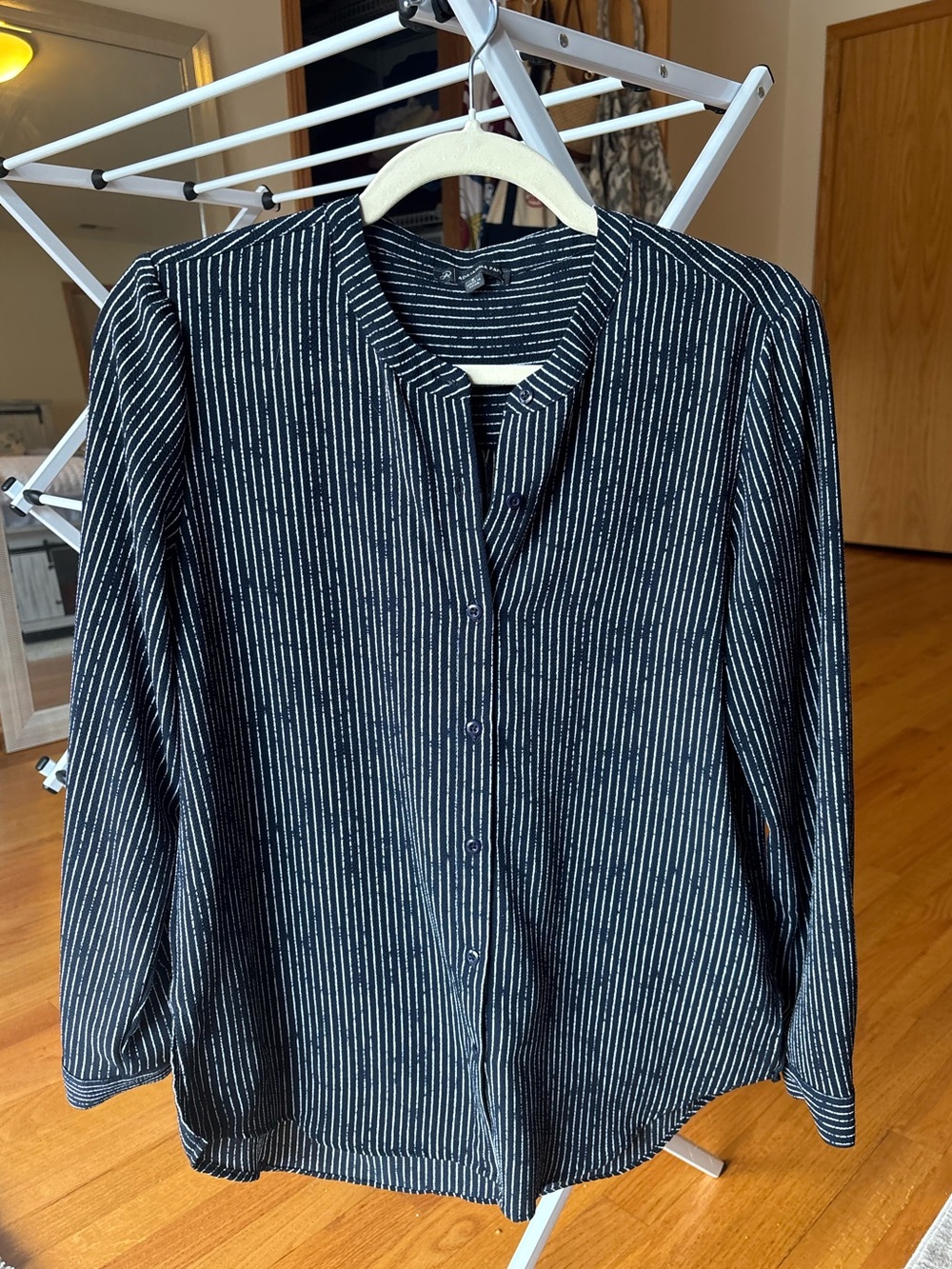 Adrianna Papell Navy Blue Stripe Long Sleeve V Neck Blouse